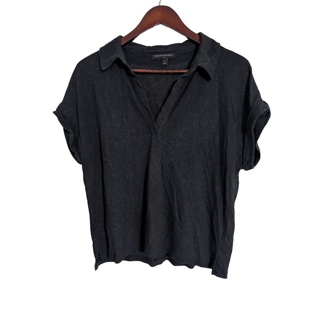 Banana Republic Linen Blend Boxy Oversized V-Neck Polo Top Black M